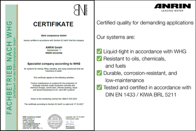 ANRIN certified again: WHG & LAU surfaces approved

ANRIN drainage systems officially certified for WHG and LAU surfaces – liquid-tight, durable, and environmentally safe.

________________________________________________________________________…